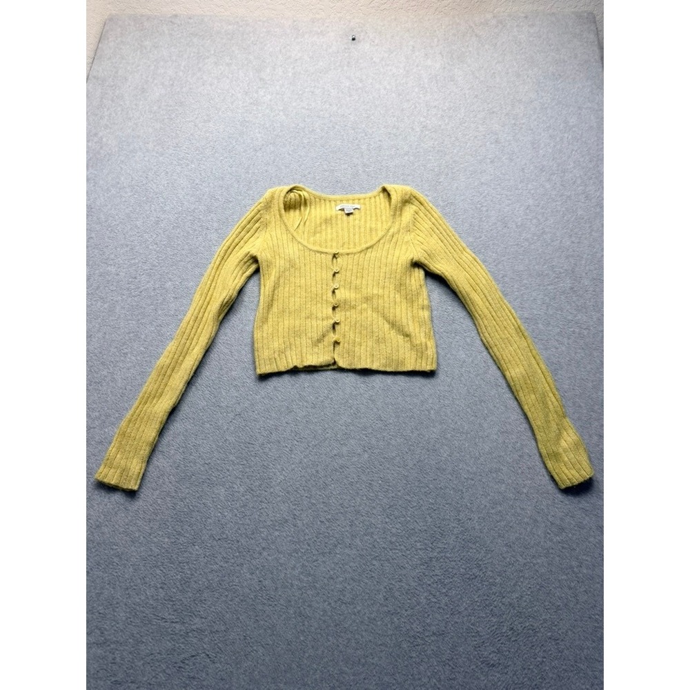 American Eagle Ribbed Cropped Cardigan Sweater Yellow Scoop Neck Long Sleeve XS